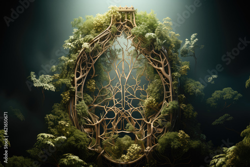 Leaves and branches forming the gate, with a forest backdrop. Symbolizes the concept of forests as the gate of the planet. Generative Ai.