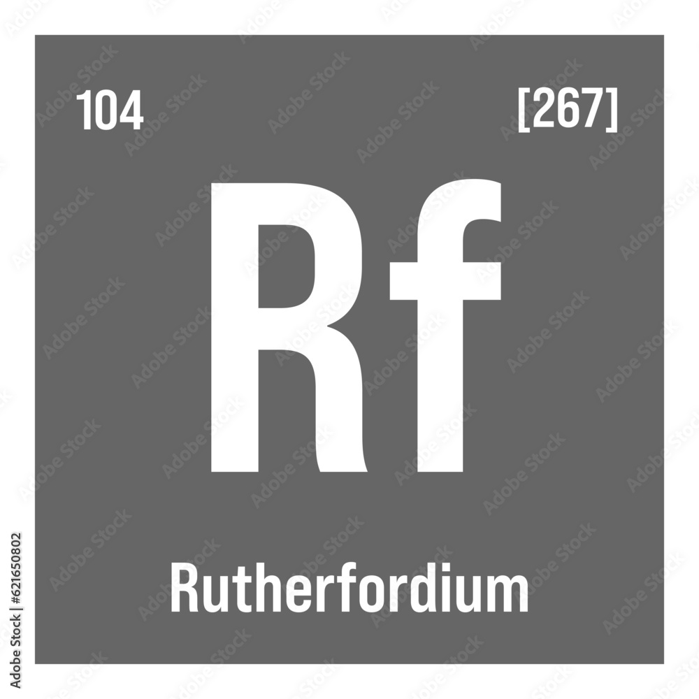 Rutherfordium, Rf, periodic table element with name, symbol, atomic number and weight. Synthetic element with no known commercial or industrial uses, but has been used in scientific research. Rutherfordium, Rf, periodic table element with name, symbol, atomic number and weight. Synthetic element with no known commercial or industrial uses, but has been used in scientific research.