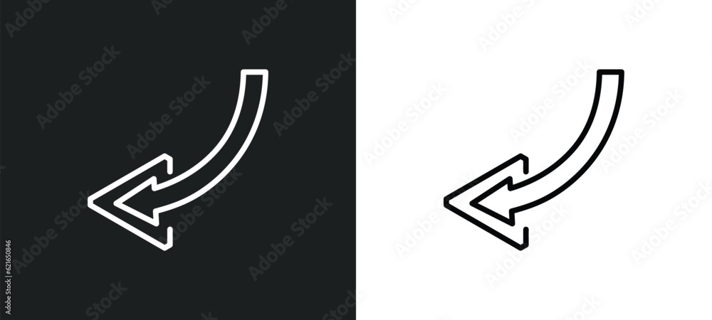 curved left arrow outline icon in white and black colors. curved left ...