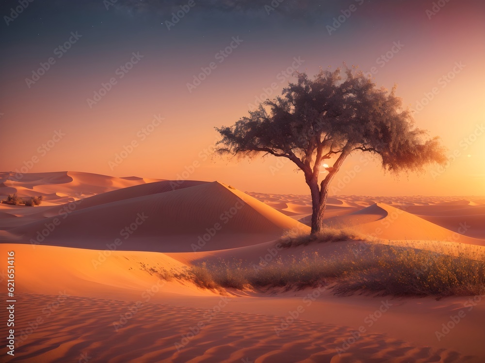 Beautiful desert sunset landscape scenery background with one lonely tree on sand dunes 