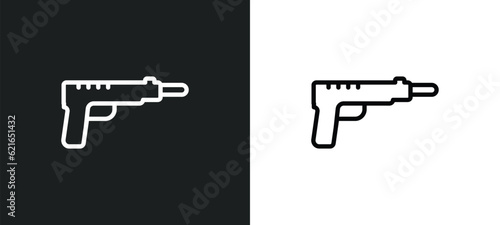 gun shooting outline icon in white and black colors. gun shooting flat vector icon from army collection for web, mobile apps and ui.