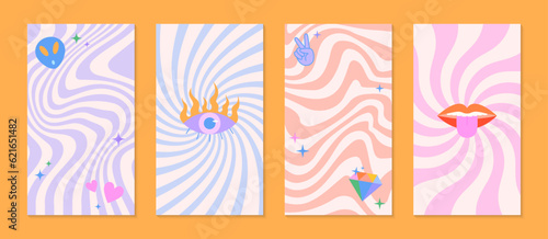 Vector insta story templates with patches and stickers in 90s style.Smm banners in y2k aesthetic with spiral and wavy backgrounds.Psychedelic funky designs for social media marketing,branding