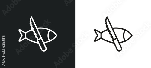 fish and a knife outline icon in white and black colors. fish and a knife flat vector icon from animals collection for web  mobile apps ui.