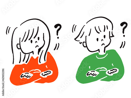 疑問に思い首をかしげる男性と女性のゆるいイラスト