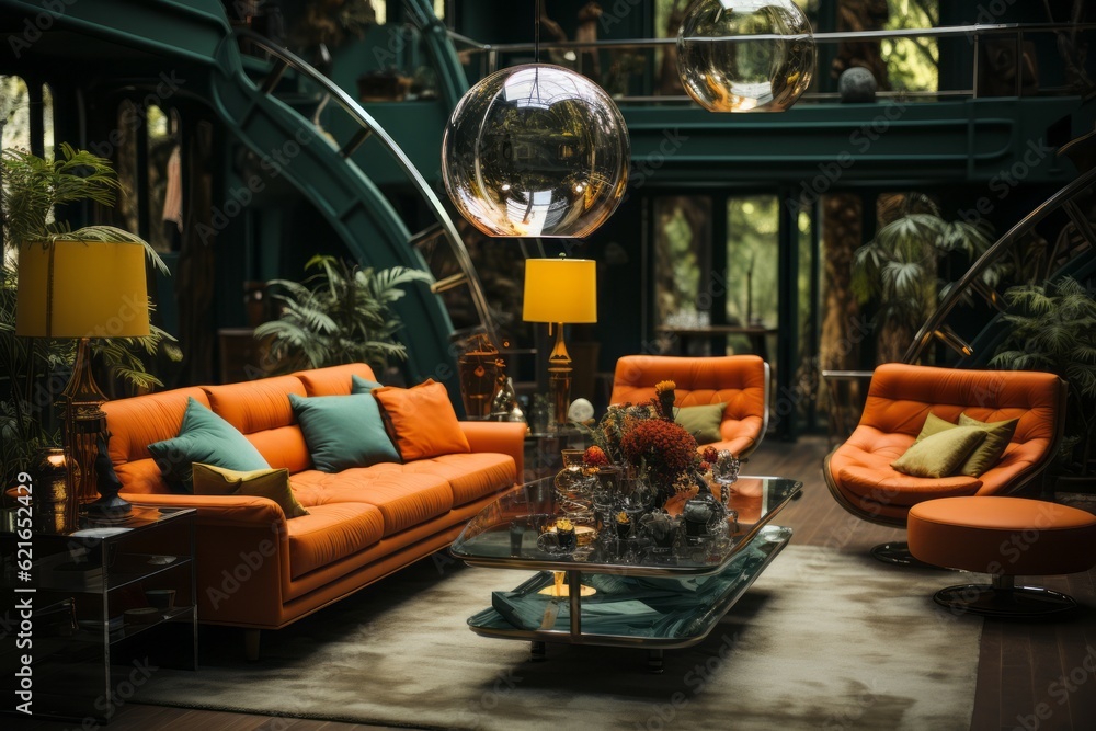 A stylish living room in a '70s mansion featuring vibrant orange and ...