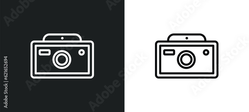 vintage camera outline icon in white and black colors. vintage camera flat vector icon from airport terminal collection for web, mobile apps and ui.