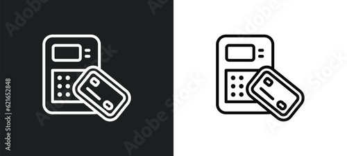 airport atm outline icon in white and black colors. airport atm flat vector icon from airport terminal collection for web, mobile apps and ui.
