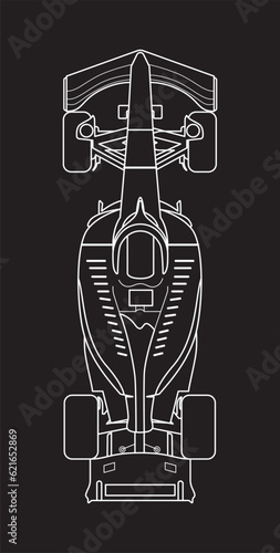 Racing line art, outline sport car f1 racing bolid. Formula One championship. Motorsport concept. Vector illustration isolated on background