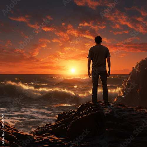 man looking out onto sunset 