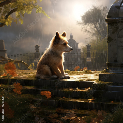 dog sat looking at owners grave
