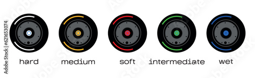 Set collection black wheel red, yellow, white. Diferent type soft, hard, medium, intermediate, wet tire logo symbol icon vector template strategy team principal isolated on background