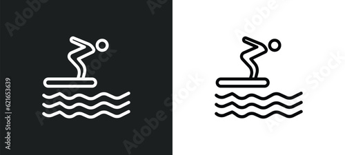 jumping to the water outline icon in white and black colors. jumping to the water flat vector icon from activity and hobbies collection for web, mobile apps and ui.