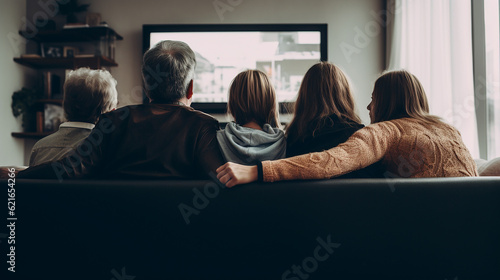 Family together watching tv in living room, Generative AI
