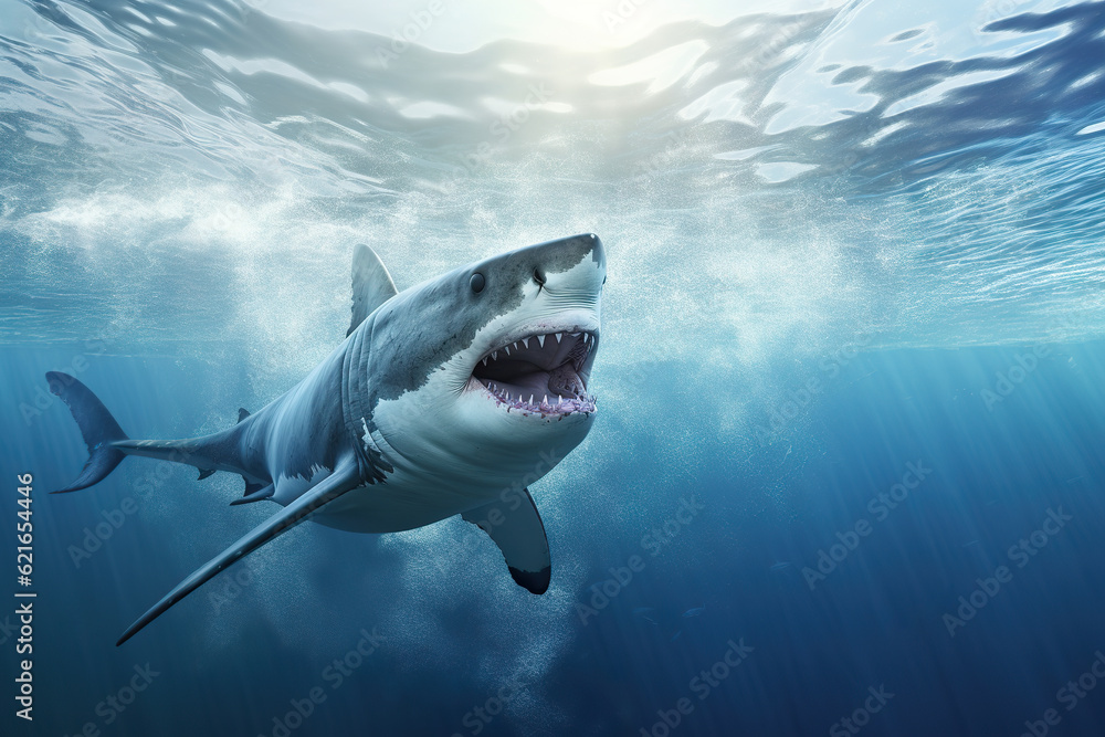 Fototapeta premium Great white shark underwater hunting and attacking predator. Shark in the ocean. Great white shark posing in deep blue water. Realistic 3D illustration. Generative AI
