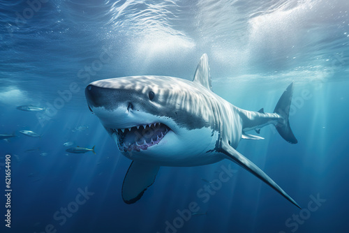 Great white shark underwater hunting and attacking predator. Shark in the ocean. Great white shark posing in deep blue water. Realistic 3D illustration. Generative AI © Vagner Castro