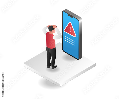 Isometric concept illustration of a stressed man because he gets a warning on a smartphone
