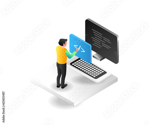 Isometric concept illustration of a developer programming