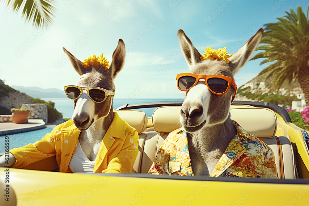 Two friends donkeys riding car at seaside while traveling together on ...