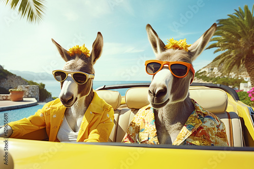 Billede på lærred Two friends donkeys riding car at seaside while traveling together on Sunny day