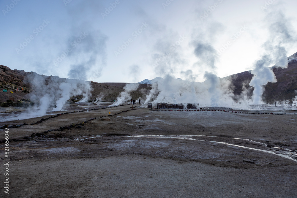 Exploring the fascinating geothermic fields of El Tatio with its steaming geysers and hot pools high up in the Atacama desert in Chile, South America Exploring the fascinating geothermic fields of El Tatio with its steaming geysers and hot pools high up in the Atacama desert in Chile, South America