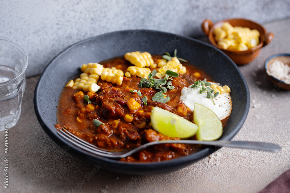 Classic chili con carne served in bowl Classic chili con carne served in bowl