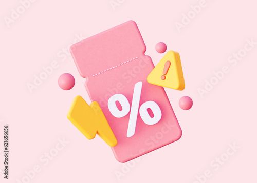 Attention sale. Flash sale illustration. Pink coupon for urgent promotions and mega deals. 3D For big sales and profitable online purchases. In pastel pink tones. 3D rendering.