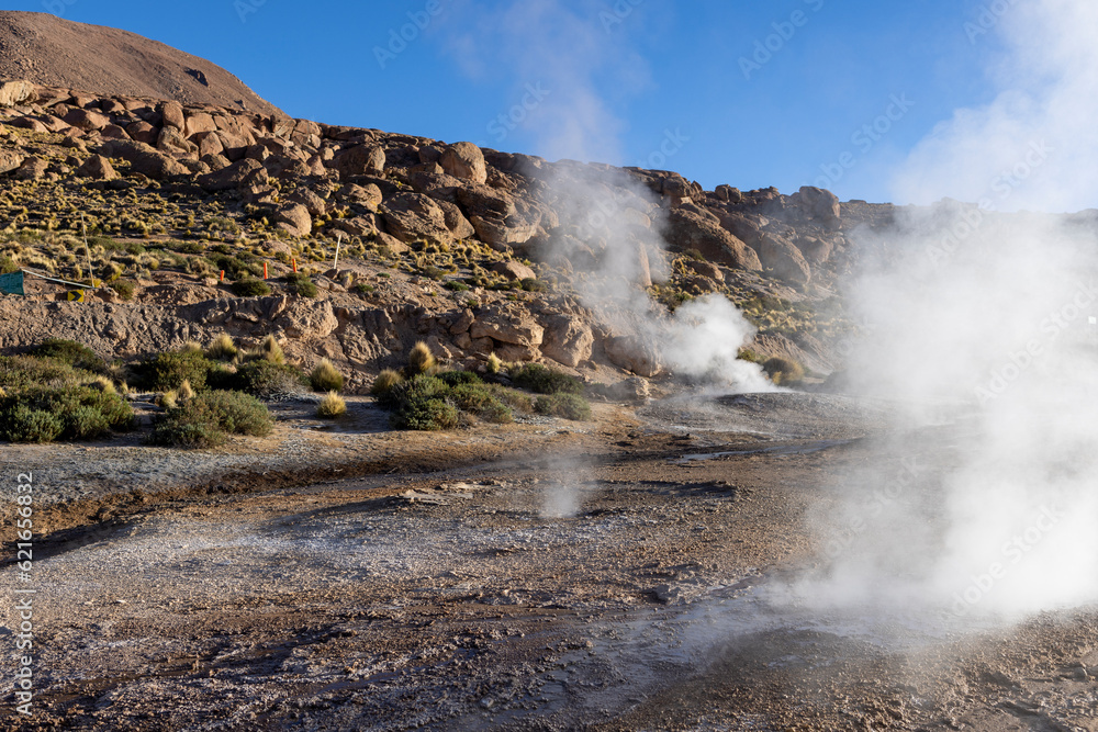Exploring the fascinating geothermic fields of El Tatio with its steaming geysers and hot pools high up in the Atacama desert in Chile, South America Exploring the fascinating geothermic fields of El Tatio with its steaming geysers and hot pools high up in the Atacama desert in Chile, South America