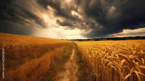 Field of wheat overcast. Generative AI Image.