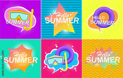 Set of summer square wallpapers. Colorful logos, symbols and abstract shapes in pop-art style.