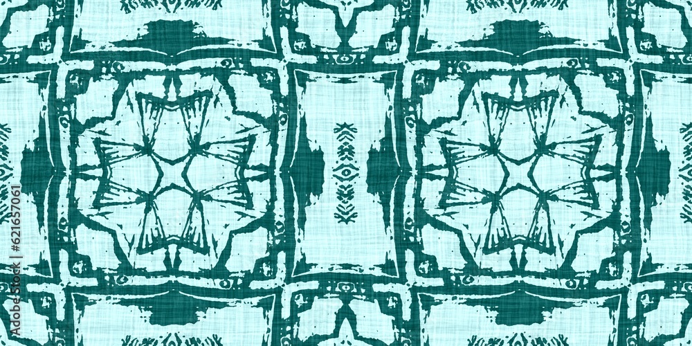 Naklejka premium Teal green white vibrant watercolor batik azulejos tile border banner background. Seamless aqua coastal blur linen effect geometric mosaic effect.Boho Patchwork nautical masculine summer ribbon trim. 