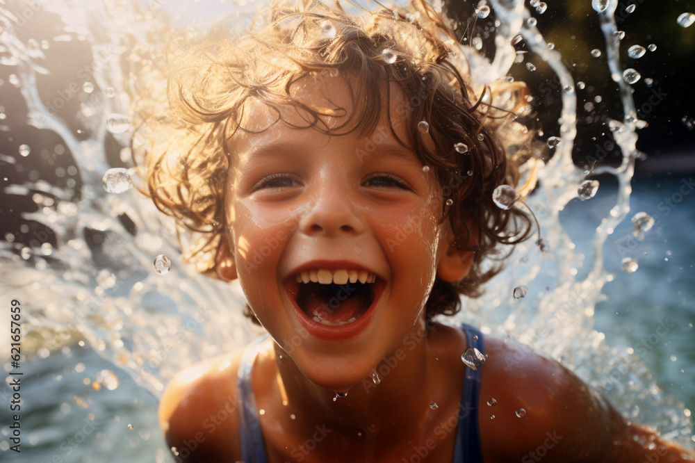 A Young Boy with Curly Brown Hair Splashing in a Swimming Pool, in Summer, Golden Evening Light