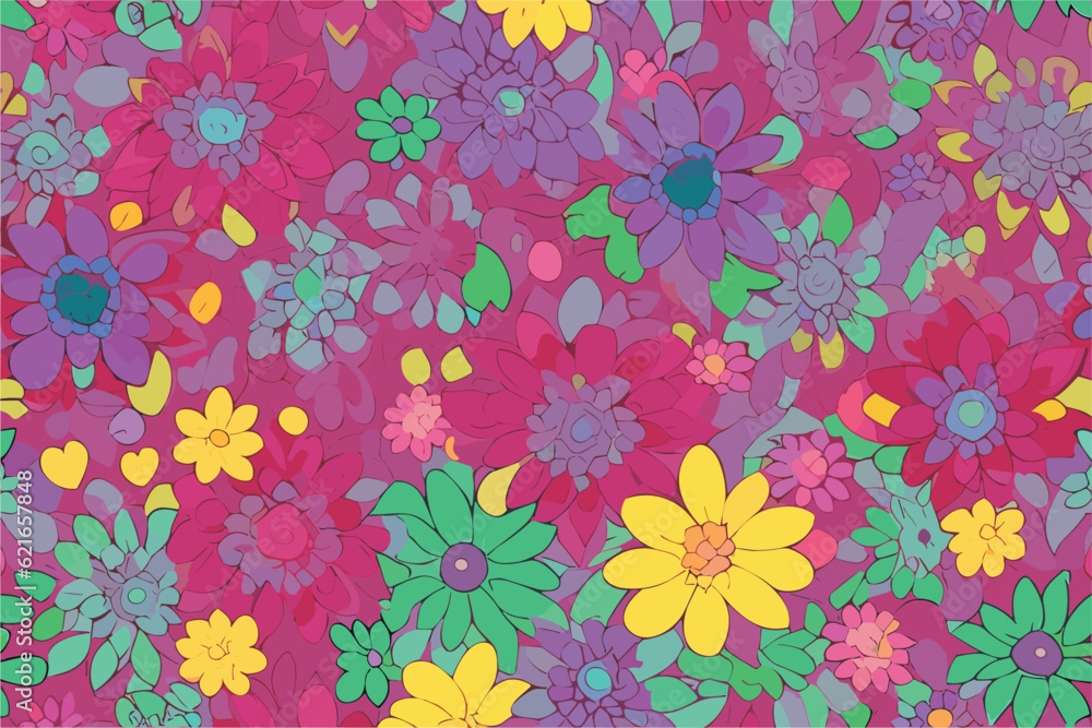Vector floral seamless pattern with 
big and small flowers and green leaves.