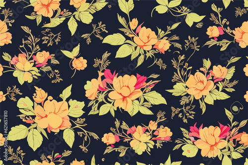 Vector floral seamless pattern with big and small flowers and green leaves on a black background.