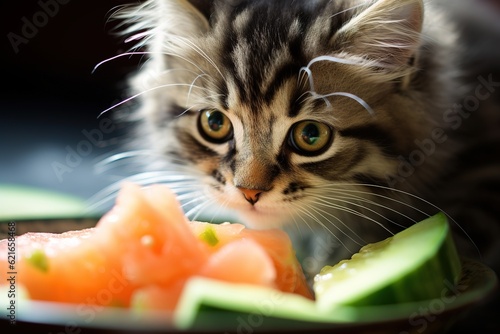Melon slices on a plate in front of the cat photo