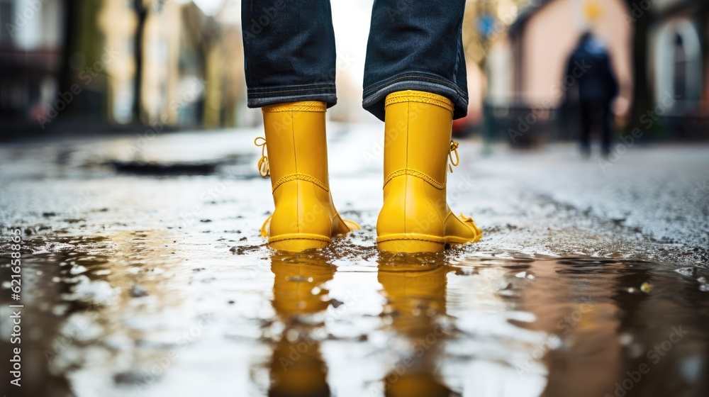 Person with yellow rubber boots on a flooded street. Generative AI Person with yellow rubber boots on a flooded street. Generative AI