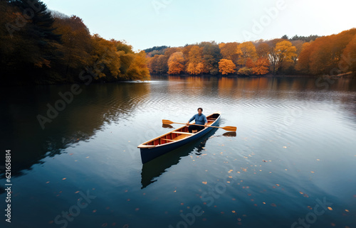 Person rowing on a calm lake in autumn, small boat with serene water around. Generative AI © Lubo Ivanko