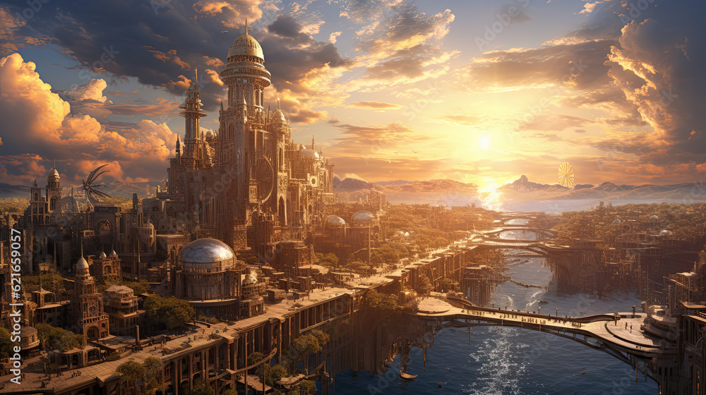 Obraz premium Illustration of a steampunk city - AI generated image.