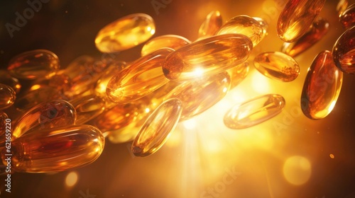 Vortex of vitamin D pills being released from the Sun. Tones of amber and gold. Generative AI