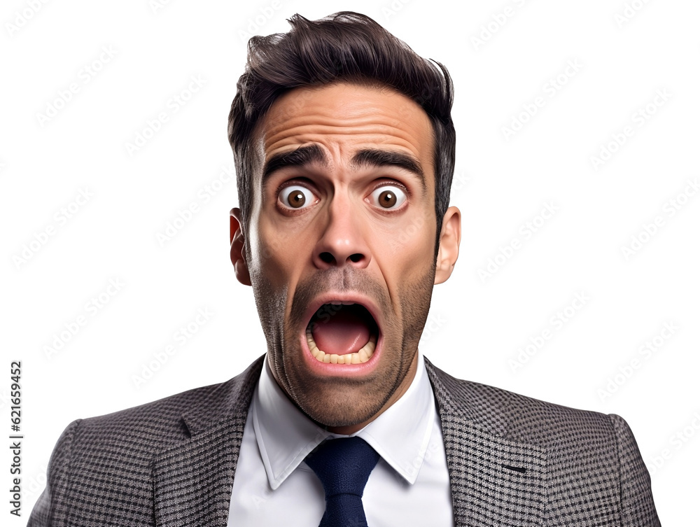 Terrified afraid and scared businessman screaming isolated - Generative AI Terrified afraid and scared businessman screaming isolated - Generative AI