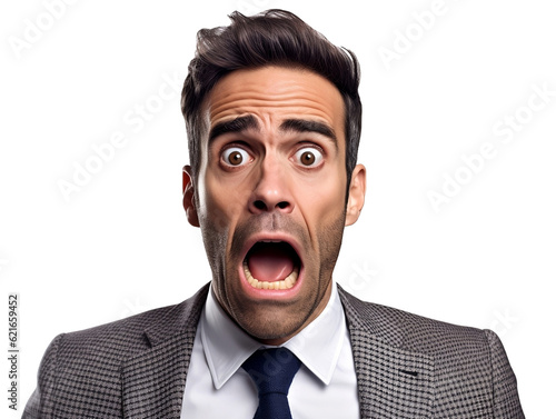 Terrified afraid and scared businessman screaming isolated - Generative AI