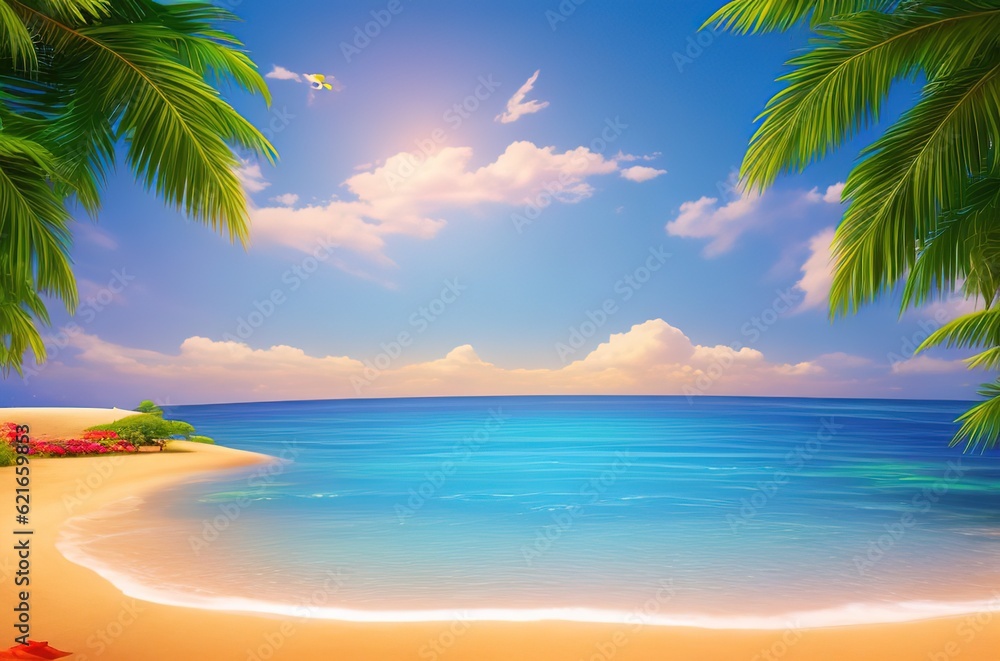 Beautiful tropical beach with palm trees. Seascape. AI generated