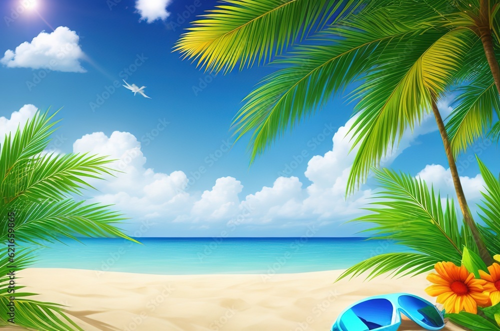 Summer background with palm tree and sun glasses on the beach. AI generated illustration
