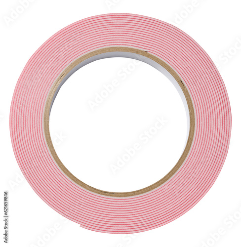 Roll of red double-sided tape on a white isolated background, repair and defect-fixing tool