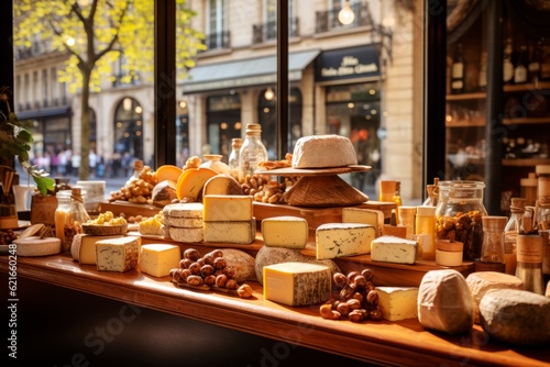 Cheese shop in the center of a European city. Assortment of Italian cheeses. AI generated.