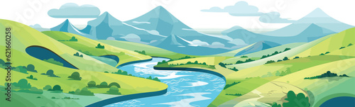 A winding river through a valley vector simple 3d isolated illustration