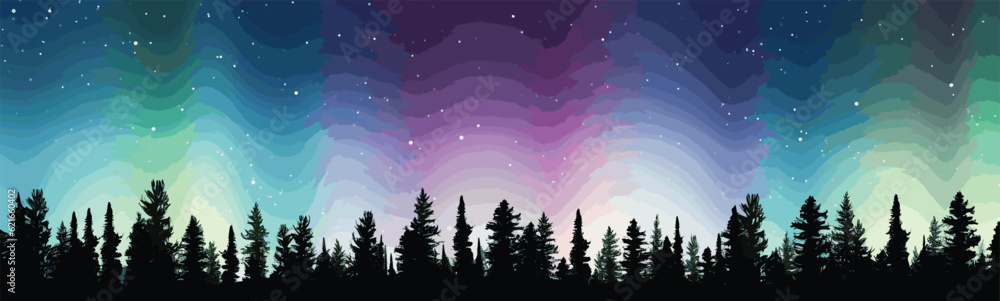 Northern lights over a pine forest vector simple 3d isolated illustration