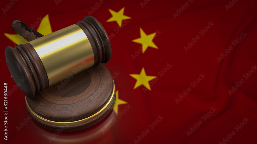 The wood hammer on Chinese flag for law concept 3d rendering
