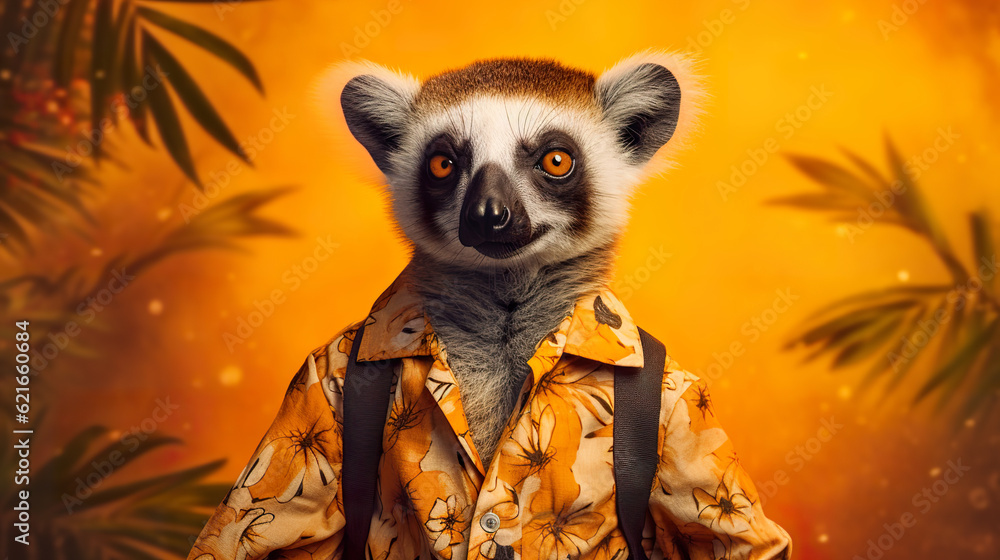 A lemur wearing a Hawaiian shirt, captured in a tropical jungle with warm. Cheerful lemur wearing flowery summer shirt with golden hour lighting. Realistic 3D illustration. Generative AI