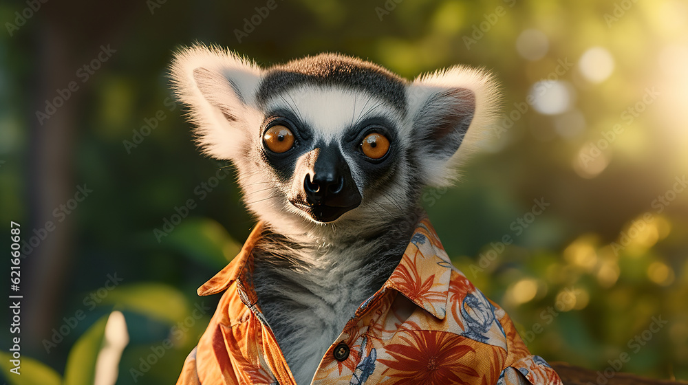 A lemur wearing a Hawaiian shirt, captured in a tropical jungle with warm. Cheerful lemur wearing flowery summer shirt with golden hour lighting. Realistic 3D illustration. Generative AI A lemur wearing a Hawaiian shirt, captured in a tropical jungle with warm. Cheerful lemur wearing flowery summer shirt with golden hour lighting. Realistic 3D illustration. Generative AI
