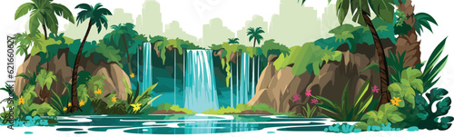 Waterfall in a jungle vector simple 3d smooth cut isolated illustration
